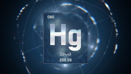 3D illustration of Mercury as Element 80 of the Periodic Table. Blue illuminated atom design background with orbiting electrons name atomic weight element number in Arabic language