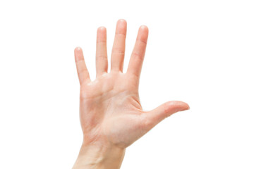 Top view: female hand with clean healthy skin on a white isolated background showing gestures