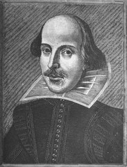 Portrait of William Shakespeare, an English poet, playwright, and actor in the English language in the old book the Shakespeare's life, by V. Chuiko, 1889, St. Petersburg