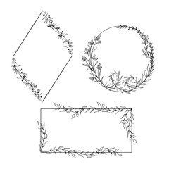 Botanical set of frames with wild flowers and herbs drawn by hand in black ink for wedding decoration.