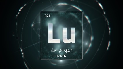 3D illustration of Lutetium as Element 71 of the Periodic Table. Green illuminated atom design background with orbiting electrons name atomic weight element number in Arabic language