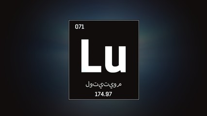 3D illustration of Lutetium as Element 71 of the Periodic Table. Grey illuminated atom design background with orbiting electrons name atomic weight element number in Arabic language