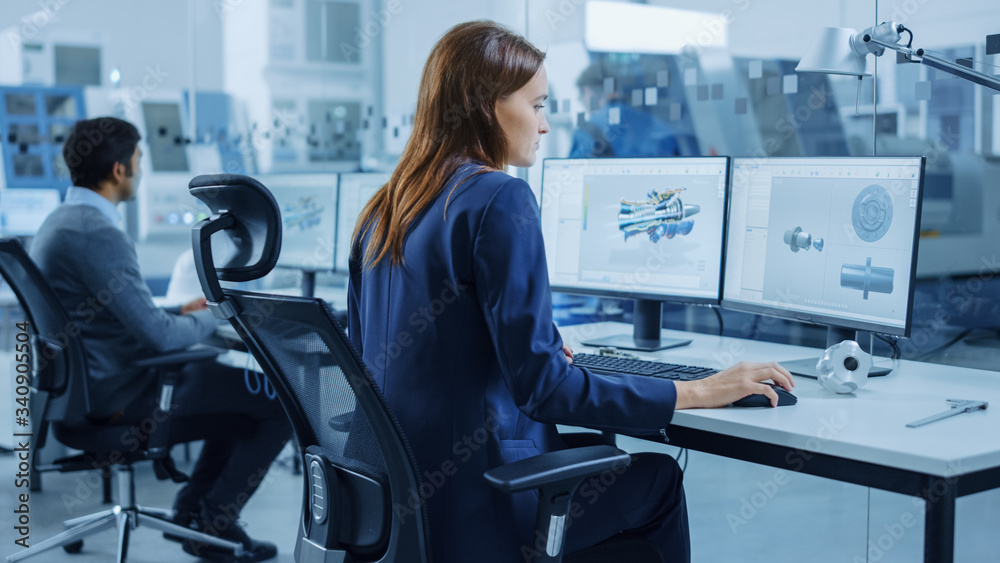 Aufkleber Over the Shoulder: Team of Mechanical Engineer Working on Personal Computers, Screens Shows CAD Software with 3D Prototype of Electric Engine, Turbine. Industrial Factory with High-Tech CNC Machinery