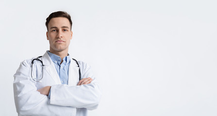 Strict doctor in white coat, bottom view