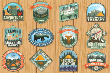 Outdoor adventure patch with quotes. Vector. Concept for shirt, logo, print, stamp or tee. Vintage typography design with hiking boots, elk, bear, tent, forest and mountain landscape silhouette