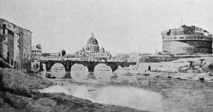 The Bridge of St. Angel by Jean-Baptiste-Camille Corot, a French landscape and portrait painter in the old book the History of Painting, by R. Muter, 1887, St. Petersburg
