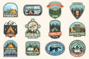 Outdoor adventure patch with quotes. Vector. Concept for shirt, logo, print, stamp or tee. Vintage typography design with hiking boots, elk, bear, tent, forest and mountain landscape silhouette