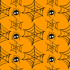 Spider web seamless hand drawn pattern. White black orange background. Halloween texture