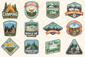 Outdoor adventure patch with quotes. Vector. Concept for shirt, logo, print, stamp or tee. Vintage typography design with camping tent, elk, bear, forest and mountain landscape silhouette
