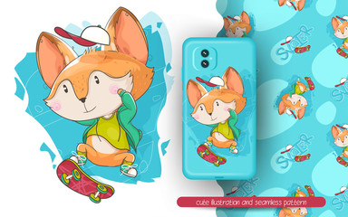 cute fox playing a skateboard illustration and seamless pattern