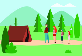 Vector illustration, family travelers go hiking in the mountains, parents walk with their children.