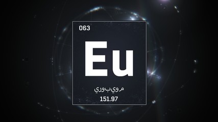 3D illustration of Europium as Element 63 of the Periodic Table. Silver illuminated atom design background with orbiting electrons name atomic weight element number in Arabic language