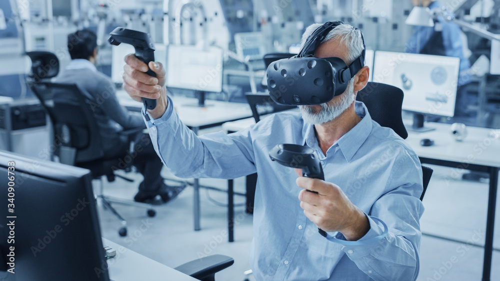 Aufkleber industrial design engineer wearing virtual reality headset and holding controllers, uses vr technolo