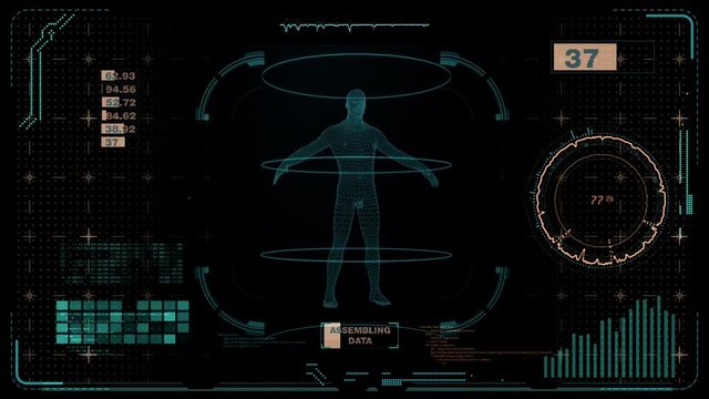 Human body turntable scan on Holographic screen virtual hud elements, Futuristic User Interface