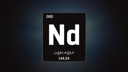 3D illustration of Neodymium as Element 60 of the Periodic Table. Grey illuminated atom design background orbiting electrons name, atomic weight element number in Arabic language