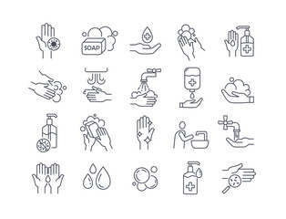Large set of twenty black and white line drawn washing and hygiene icons showing hand washing, sanitizers and soaps, vector illustration