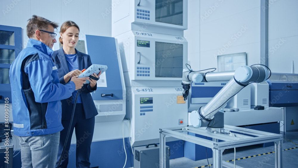 Poster Modern Factory: Female Project Manager and Male Engineer Standing, Talking and Using Tablet Computer for Programming Robot Arm Assembly Line. Contemporary Facility with High Tech CNC Machinery