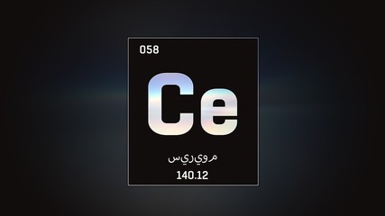 3D illustration of Cerium as Element 58 of the Periodic Table. Grey illuminated atom design background orbiting electrons name, atomic weight element number in Arabic language