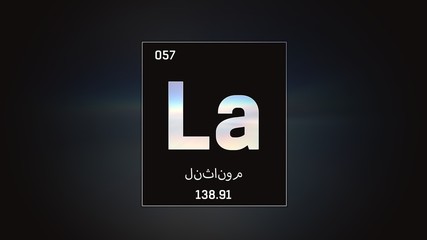 3D illustration of Lanthanum as Element 57 of the Periodic Table. Grey illuminated atom design background orbiting electrons name, atomic weight element number in Arabic language