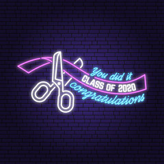 Class of 202 neon bright signboard, light banner. Vector. Neon typography design with ribbon and scissors. Template for the graduation party poster, flyer, lighting banner