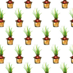 Fototapeta premium Onions in a pot seamless pattern. watercolor illustration