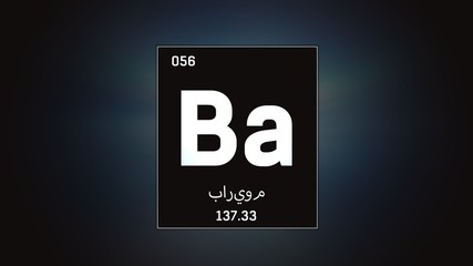 3D illustration of Barium as Element 56 of the Periodic Table. Grey illuminated atom design background orbiting electrons name, atomic weight element number in Arabic language