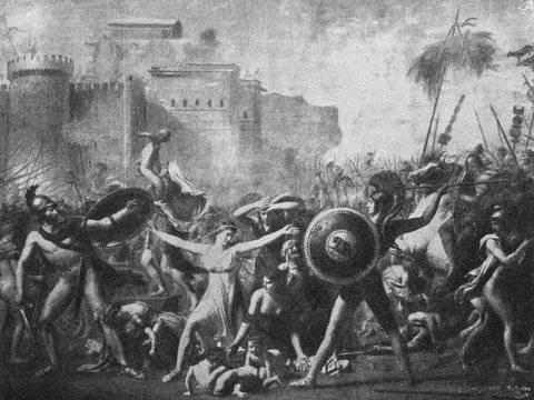 The Intervention of the Sabine Women by the French painter Jacques-Louis David in the old book the History of Painting, by R. Muter, 1887, St. Petersburg