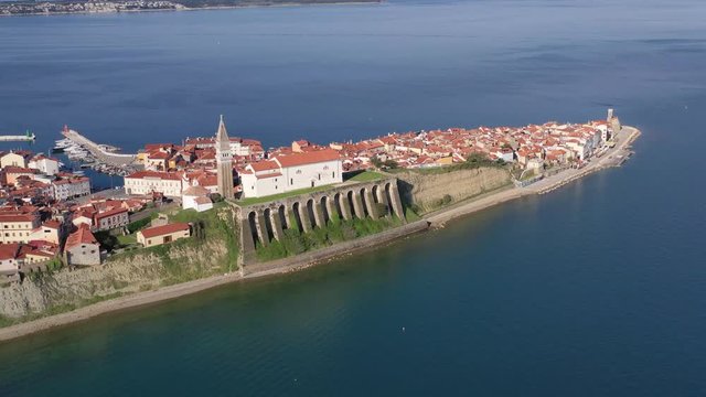 Aerial view of promenade along the beach connecting Fiesa and Piran, Slovenia