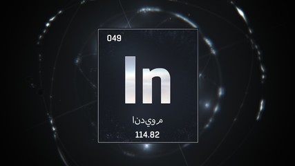 3D illustration of Indium as Element 49 of the Periodic Table. Silver illuminated atom design background orbiting electrons name, atomic weight element number in Arabic language