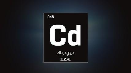 3D illustration of Cadmium as Element 48 of the Periodic Table. Grey illuminated atom design background orbiting electrons name, atomic weight element number in Arabic language