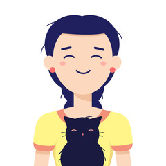 Cartoon portrait of cute little girl and black cat. Kawaii avatar icon