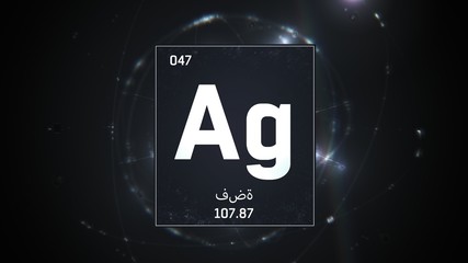 3D illustration of Silver as Element 47 of the Periodic Table. Silver illuminated atom design background orbiting electrons name, atomic weight element number in Arabic language