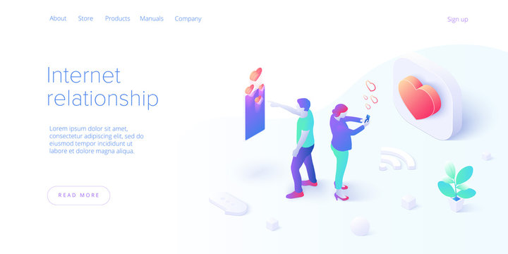 Internet relationship in isometric vector illustration. Couple distance dating via online chat in smartphone or mobile phone. Millennials in virtual love app. Layout template for website landing page.