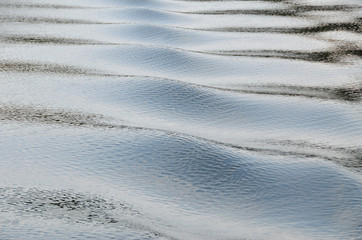 Evening waterscape, close-up: the sequence of rounded waves under a dim sky lighting; a series of...