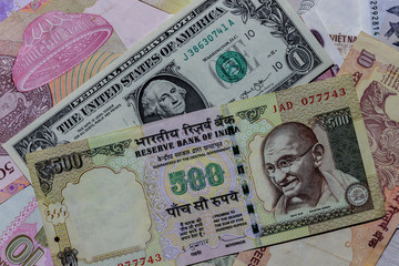 One  US Dollar with Different Indian rupee Banknotes