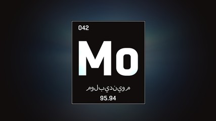 3D illustration of Molybdenum as Element 42 of the Periodic Table. Grey illuminated atom design background orbiting electrons name, atomic weight element number in Arabic language