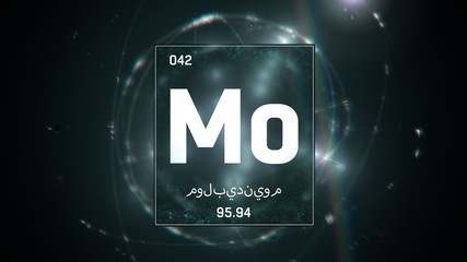 3D illustration of Molybdenum as Element 42 of the Periodic Table. Green illuminated atom design background orbiting electrons name, atomic weight element number in Arabic language