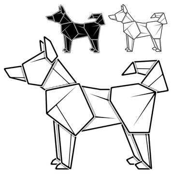 Vector monochrome image of paper origami of dog, husky (contour drawing by line).