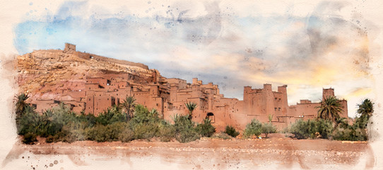 Ait Ben Haddou (Ait Benhaddou) is a fortified city on the former caravan route. Near Ouarzazate and the Sahara desert in Morocco. Watercolor sketch painting. Retro style postcard. - obrazy, fototapety, plakaty
