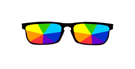 rectangular glasses in black frames with glasses painted in rainbow colors on a white background. 