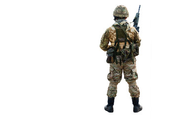 Back of the Special Forces soldier standing with a holding gun rifle, Concept war, army, weapon,...