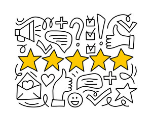 Feedback hand drawn doodles, yellow stars