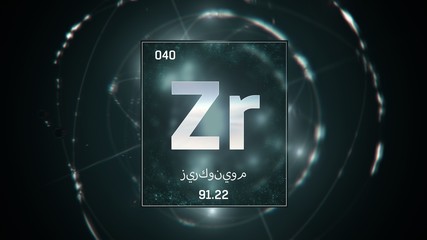 3D illustration of Zirconium as Element 40 of the Periodic Table. Green illuminated atom design background orbiting electrons name, atomic weight element number in Arabic language