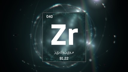 3D illustration of Zirconium as Element 40 of the Periodic Table. Green illuminated atom design background orbiting electrons name, atomic weight element number in Arabic language