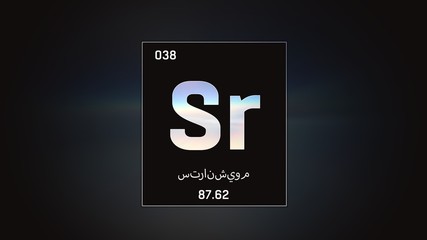 3D illustration of Strontium as Element 38 of the Periodic Table. Grey illuminated atom design background orbiting electrons name, atomic weight element number in Arabic language