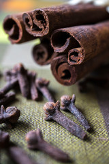 Closeup of cinnamon sticks and cloves on a textured background, place for text.