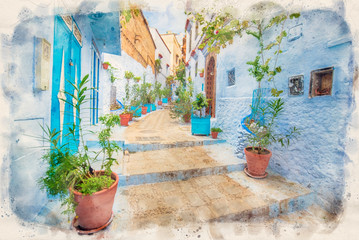 CHEFCHAOUEN, MOROCCO in watercolor style illustration. Traditional moroccan architectural details and painted houses. Street with bright blue walls with arch. Blue city