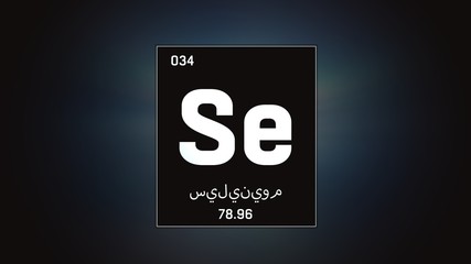 3D illustration of Selenium as Element 34 of the Periodic Table. Grey illuminated atom design background orbiting electrons name, atomic weight element number in Arabic language