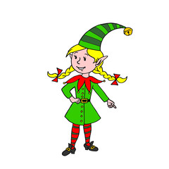 Cute little color Christmas Elf girl. New year and Xmas characters. Simple color illustration for greeting cards, calendars, prints, children's book