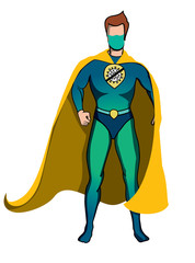 Fototapeta na wymiar Superhero in yellow cape and protective face mask ready to fight COVID-19 virus